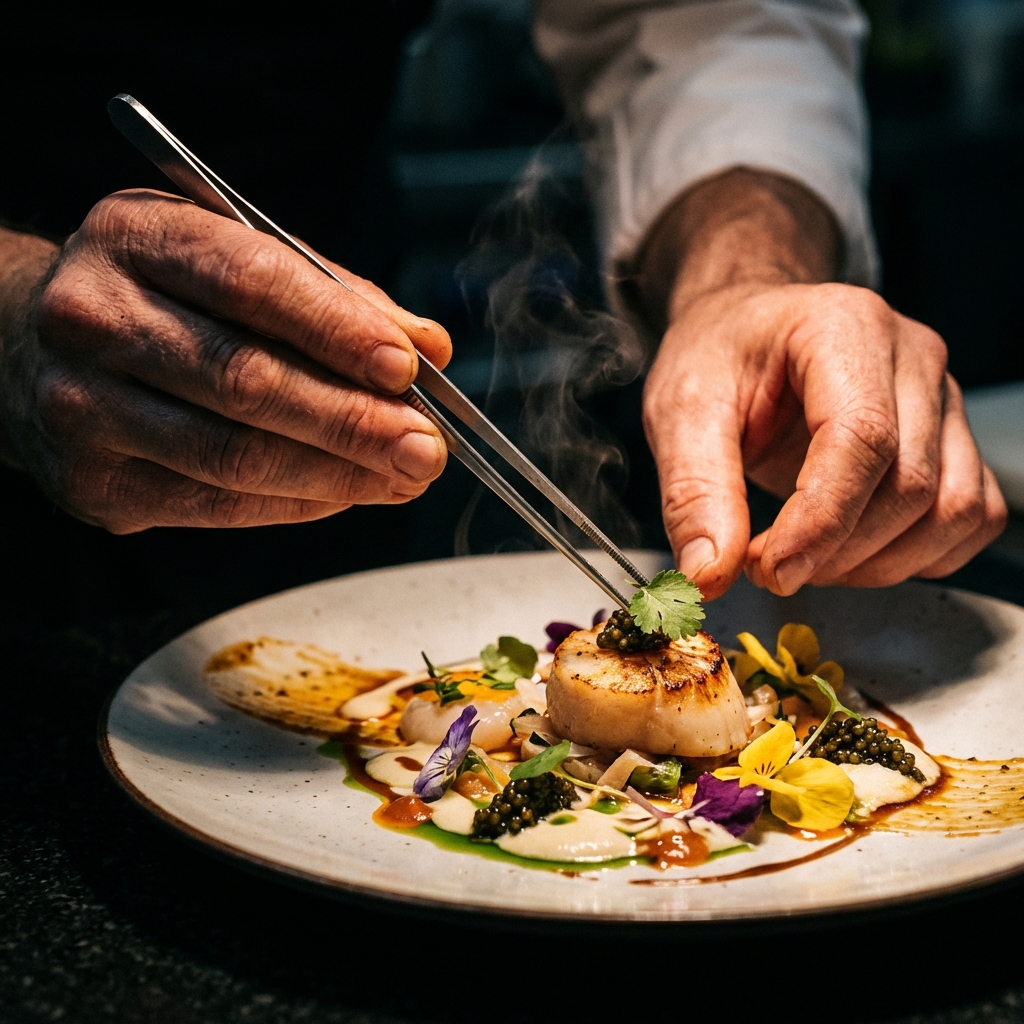 Professional chef precisely plating a gourmet dish