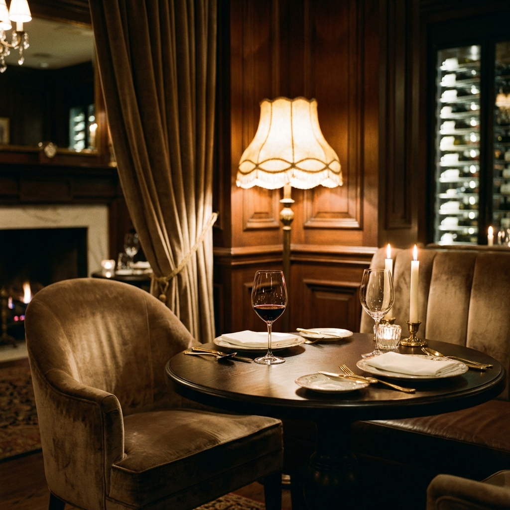 Elegant restaurant interior with warm lighting and fine dining setup
