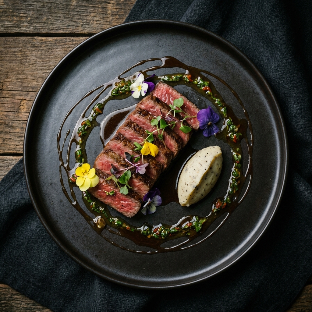 Beautifully plated Wagyu beef steak with artistic presentation
