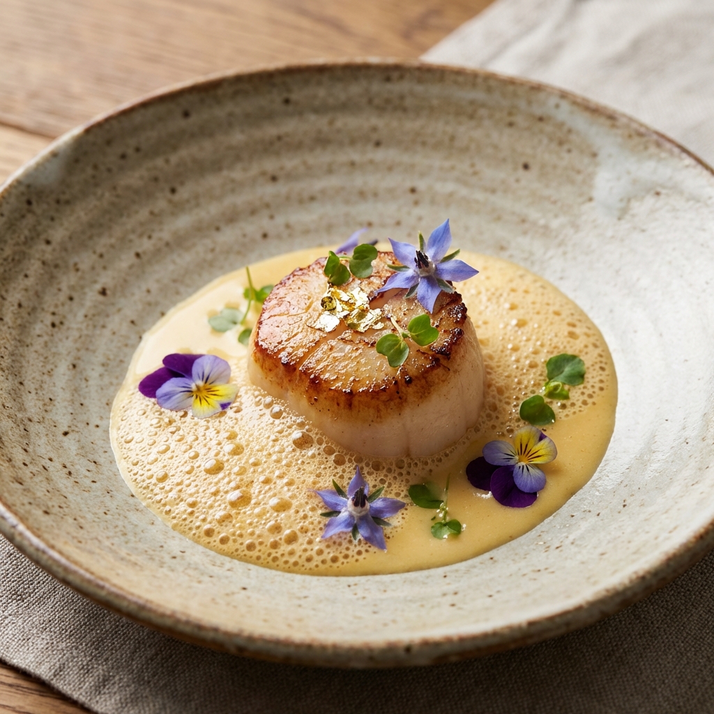 Gourmet scallop dish with edible flowers and foam