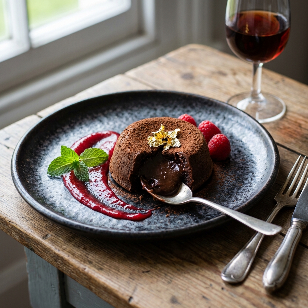 Decadent chocolate fondant with gold leaf garnish