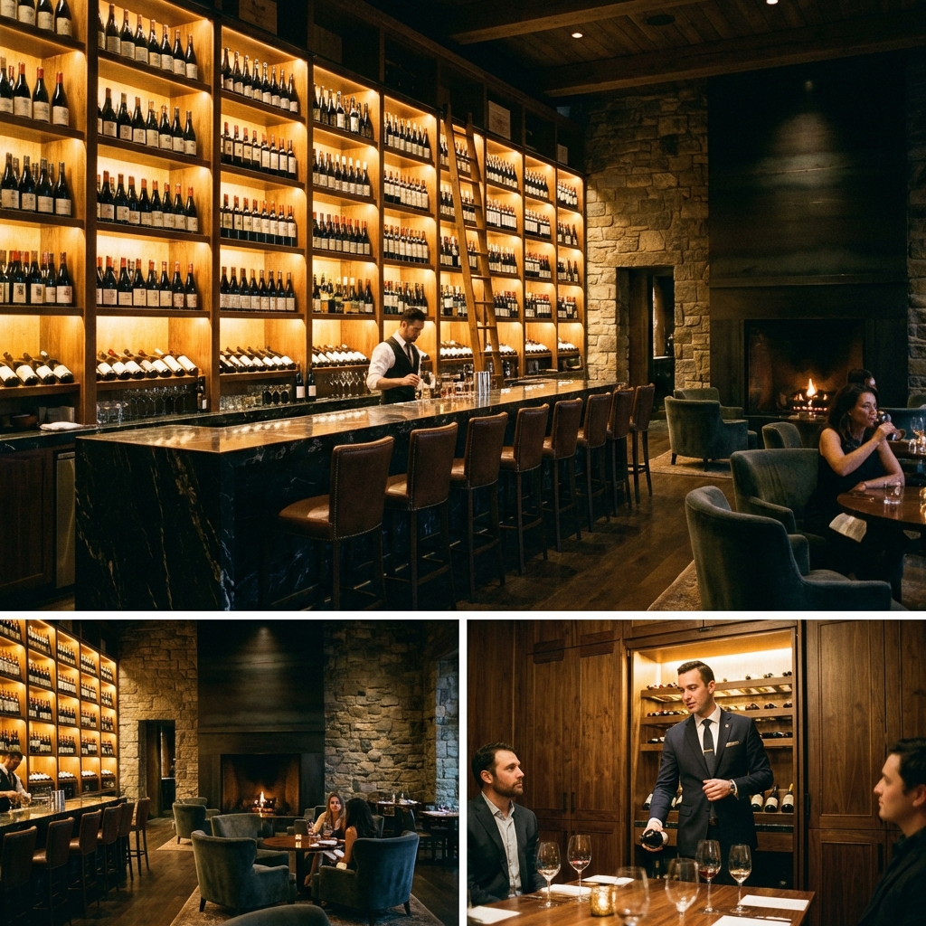 Luxury wine cellar with backlit shelves and premium bottles